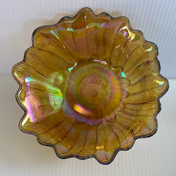 Vintage Indiana Iridescent Carnival Glass Sunflower Marigold Amber 7" Bowl - Picture 5 of 8
